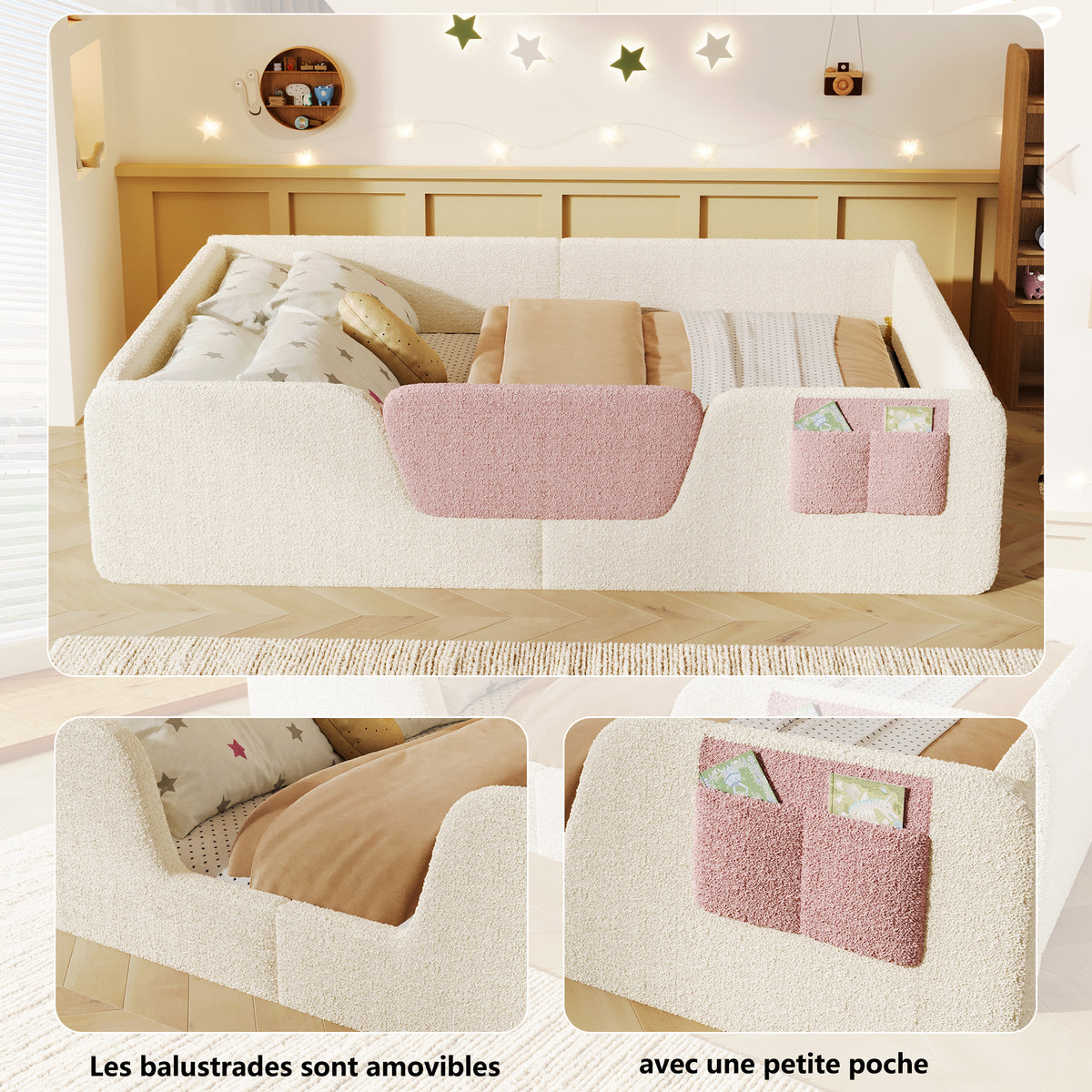 Upholstered Bed 140x190cm with Safety Rails & Storage, Beige Velvet