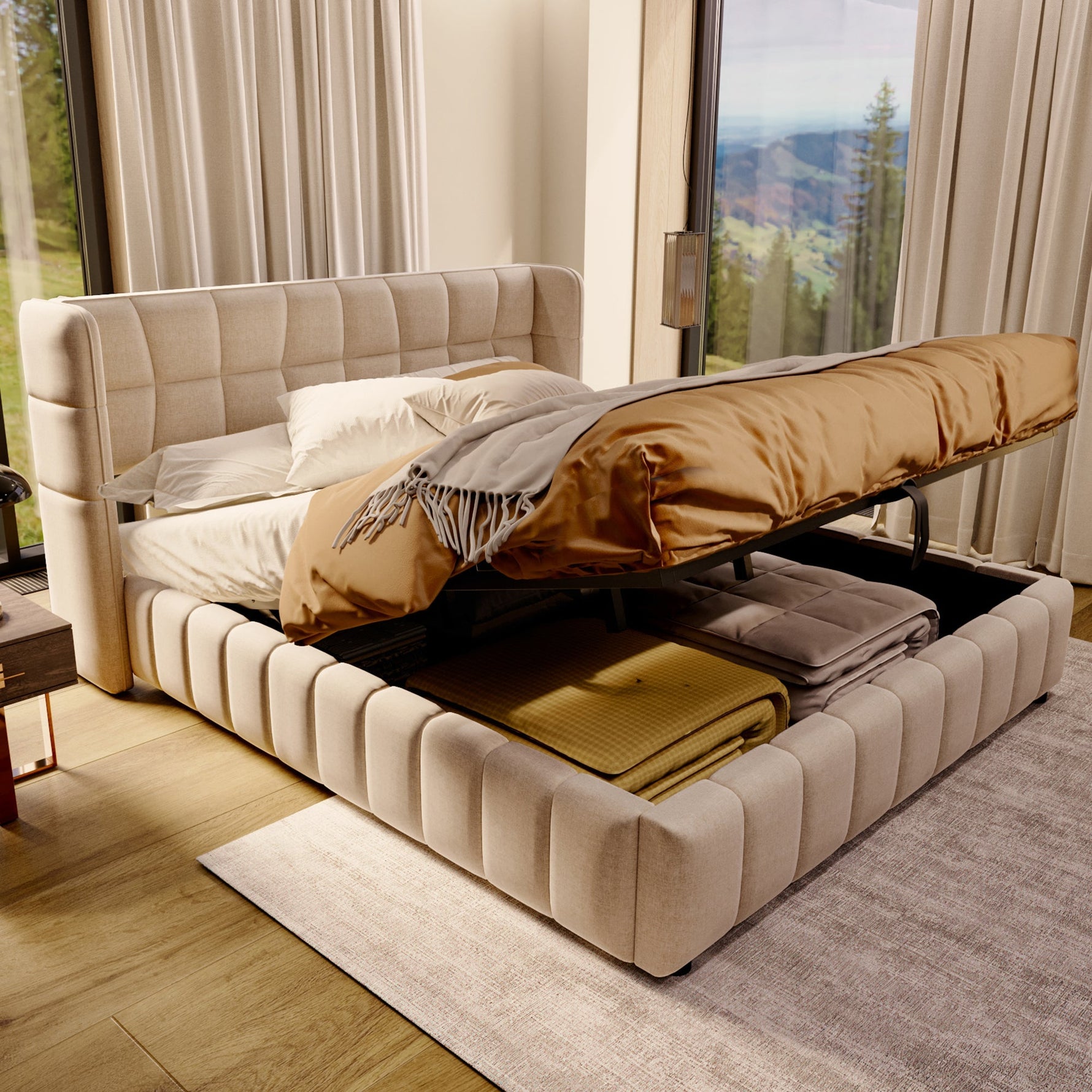 Upholstered Bed 180x200cm Pneumatic Storage Slatted Frame - Beige Linen