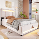 Upholstered Bed 90x200cm Hydraulic Storage LED USB App Control - Beige Linen