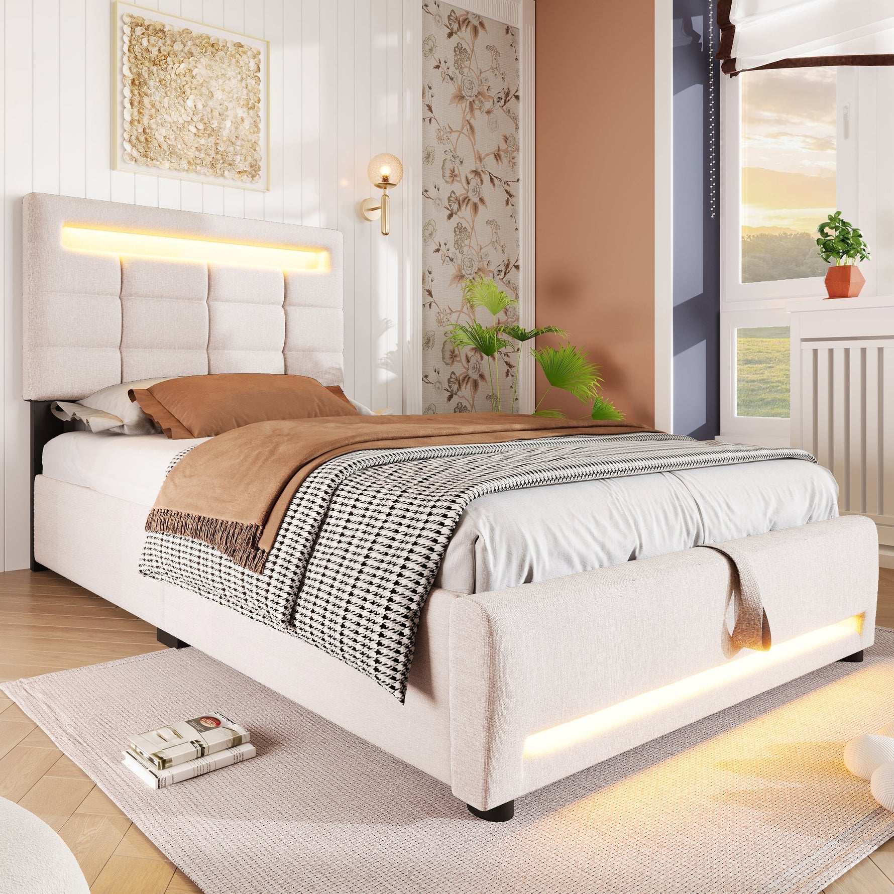 Upholstered Bed 90x200cm Hydraulic Storage LED USB App Control - Beige Linen