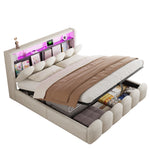 Upholstered Bed 180x200cm with Storage & LED, Beige Velvet