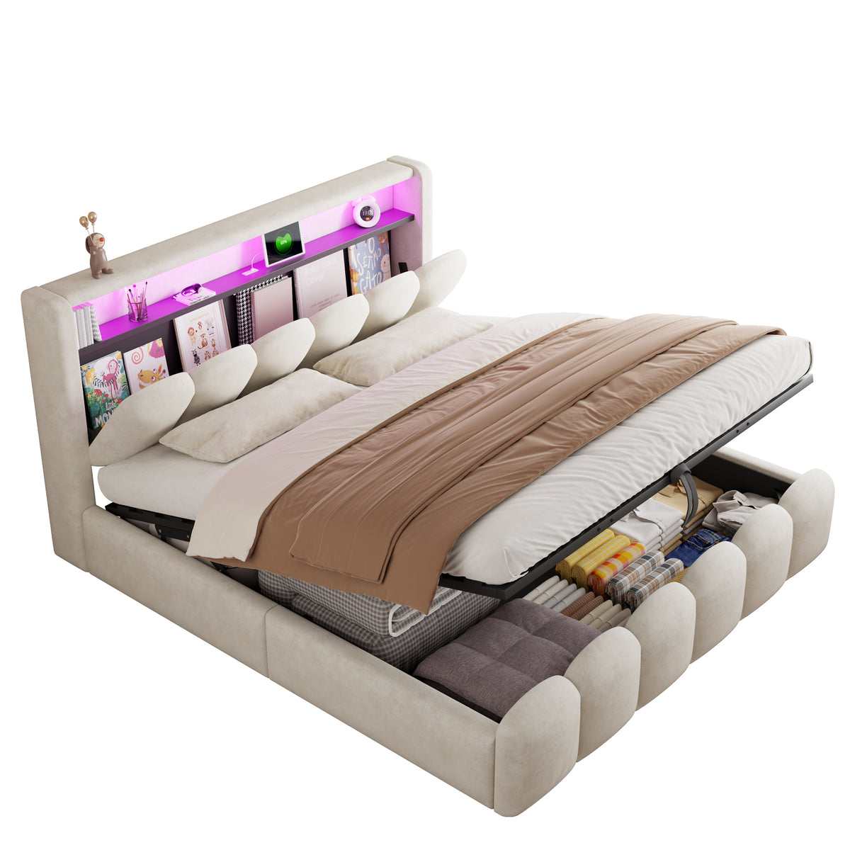 Upholstered Bed 180x200cm with Storage & LED, Beige Velvet