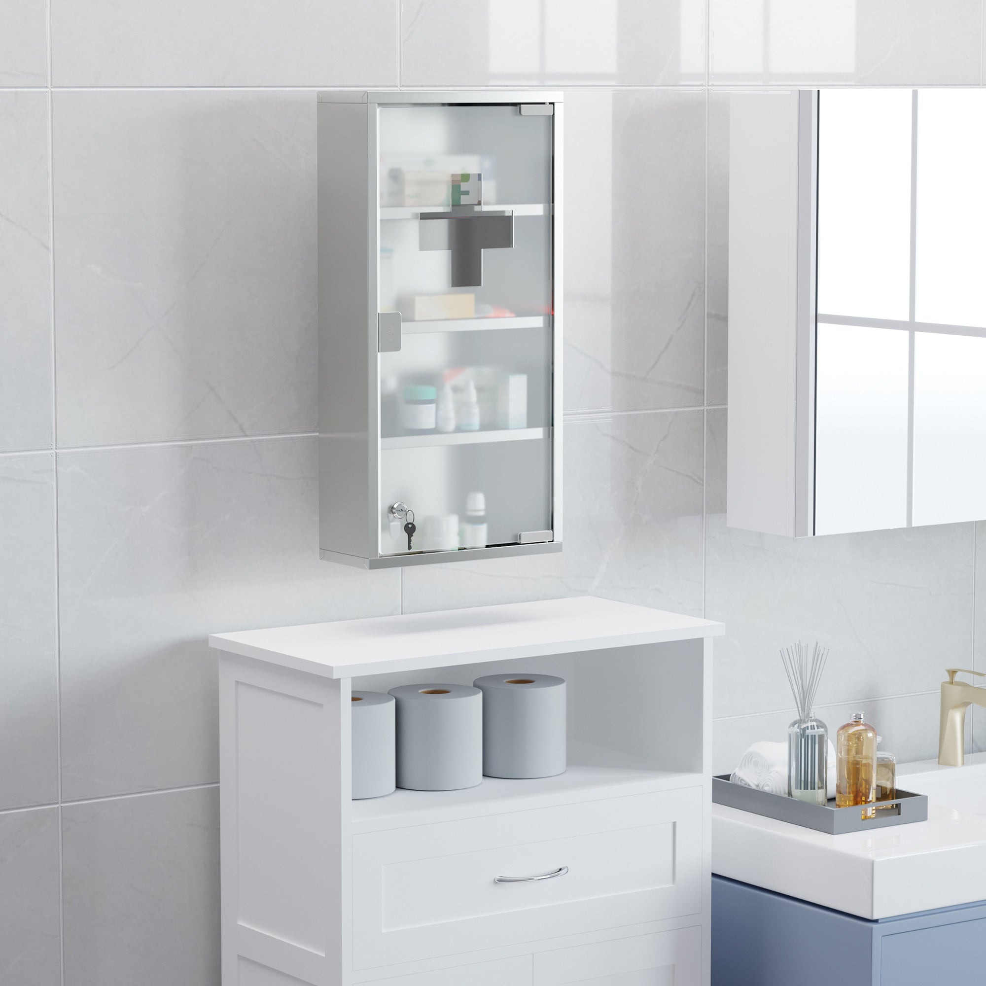 Medicine Cabinet First Aid with Lock 30x12x60cm Stainless Steel