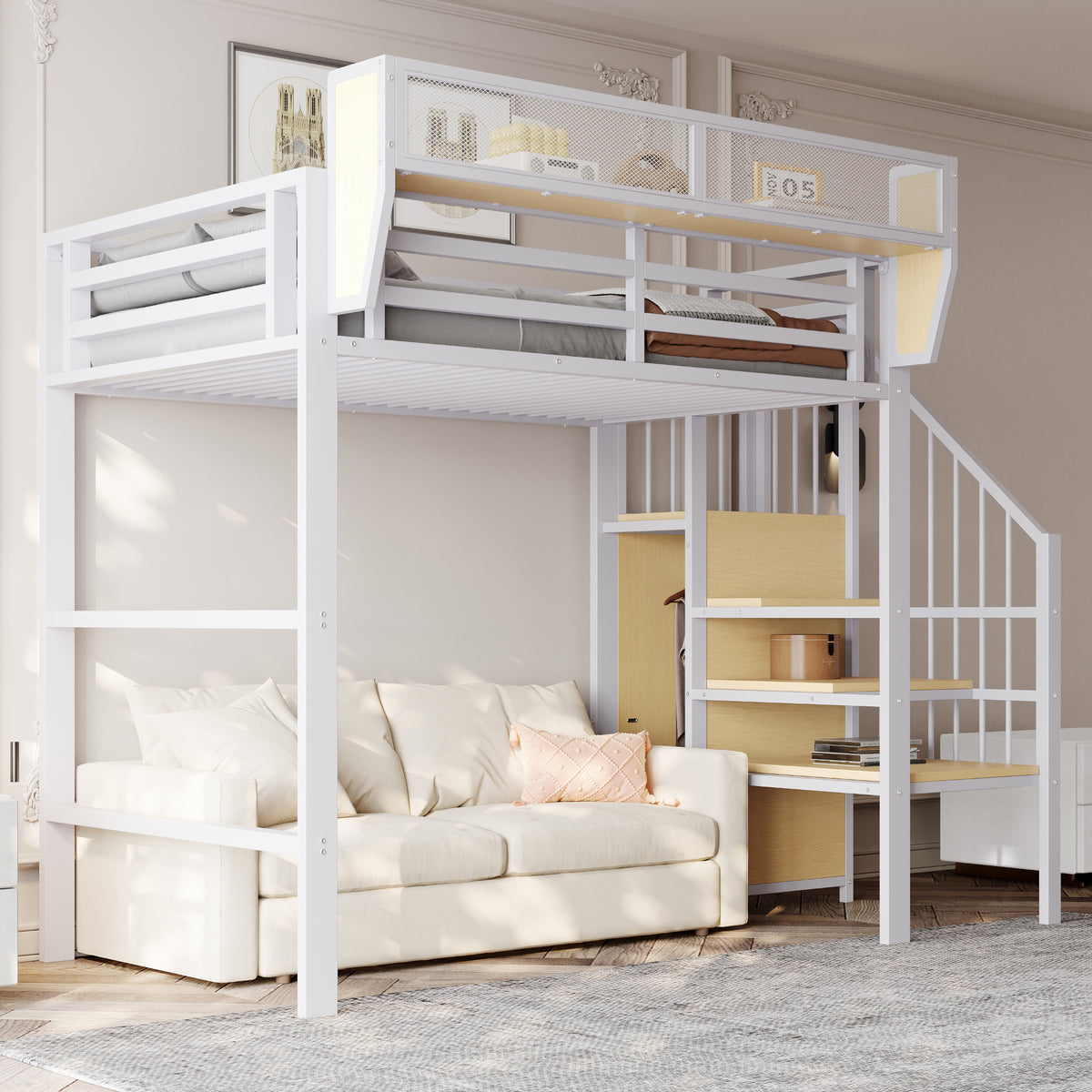 Upholstered Bed 160x200 cm with LED, Storage & USB, Grey PU