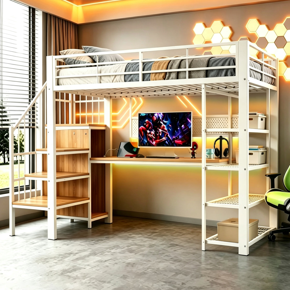 Iron Loft Bed 90x200cm with Desk, Pegboard & Storage - White