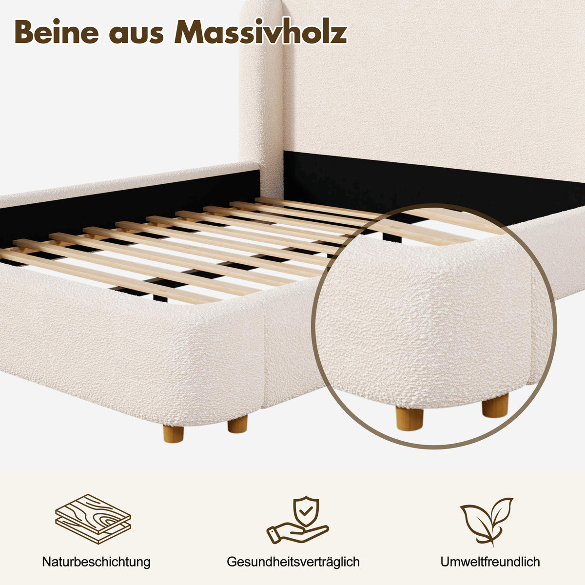 Upholstered Double Bed 180x200 cm with Slatted Base, Beige Bouclé