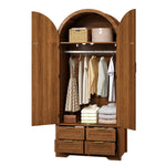 Modern Wardrobe with Curved Doors, Clothes Rail and Drawers, Walnut MDF