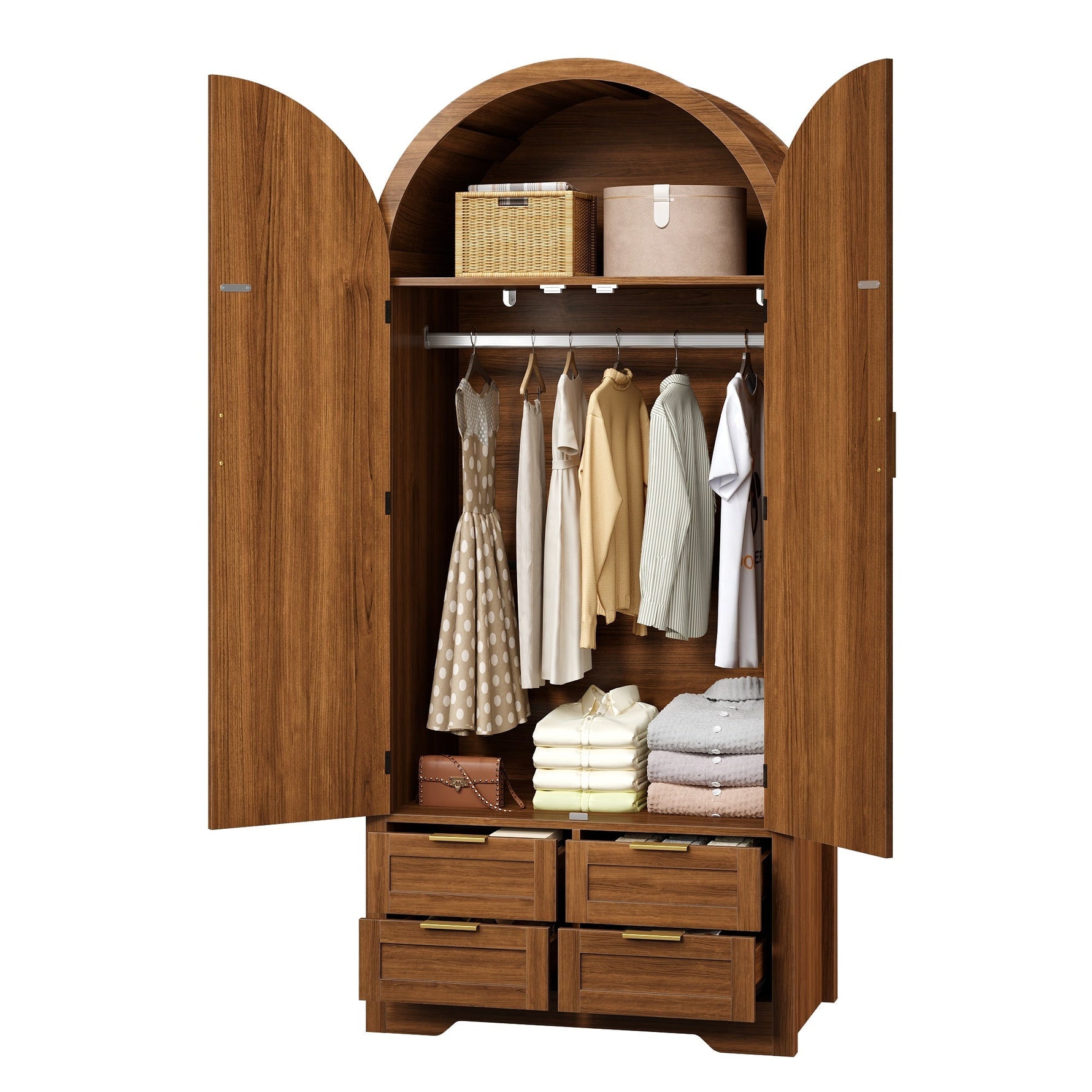Modern Wardrobe with Curved Doors, Clothes Rail and Drawers, Walnut MDF