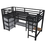 Mid-Height Bed with LED Lighting and Fabric Storage, 90x200 cm, Black Metal