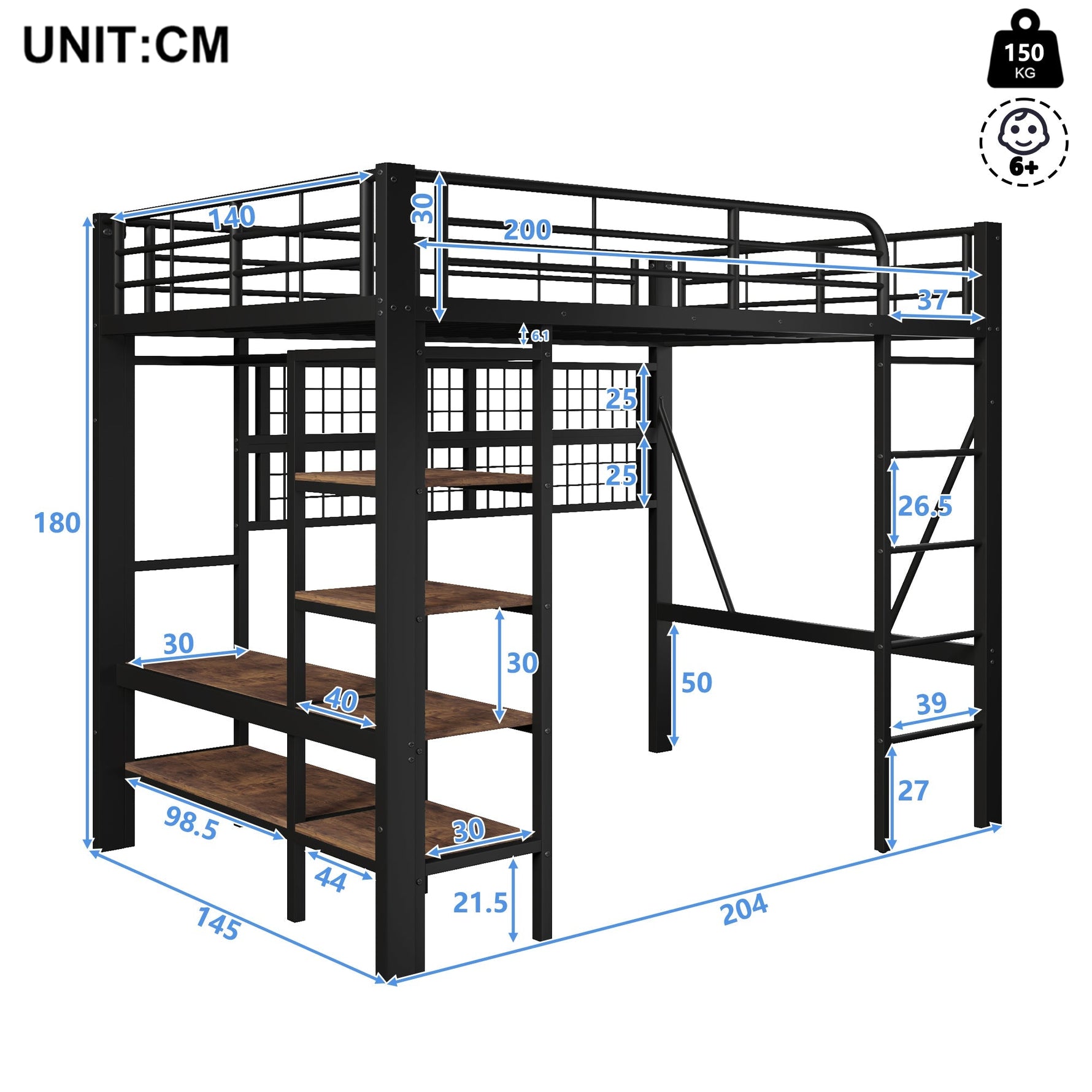 Loft Bed with Storage, Net, Clothes Rail and LED Light Strip, Iron Frame, Black