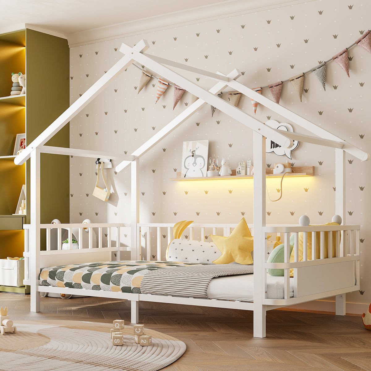 Children's House Bed 90x200cm with Safety Rail, White Metal