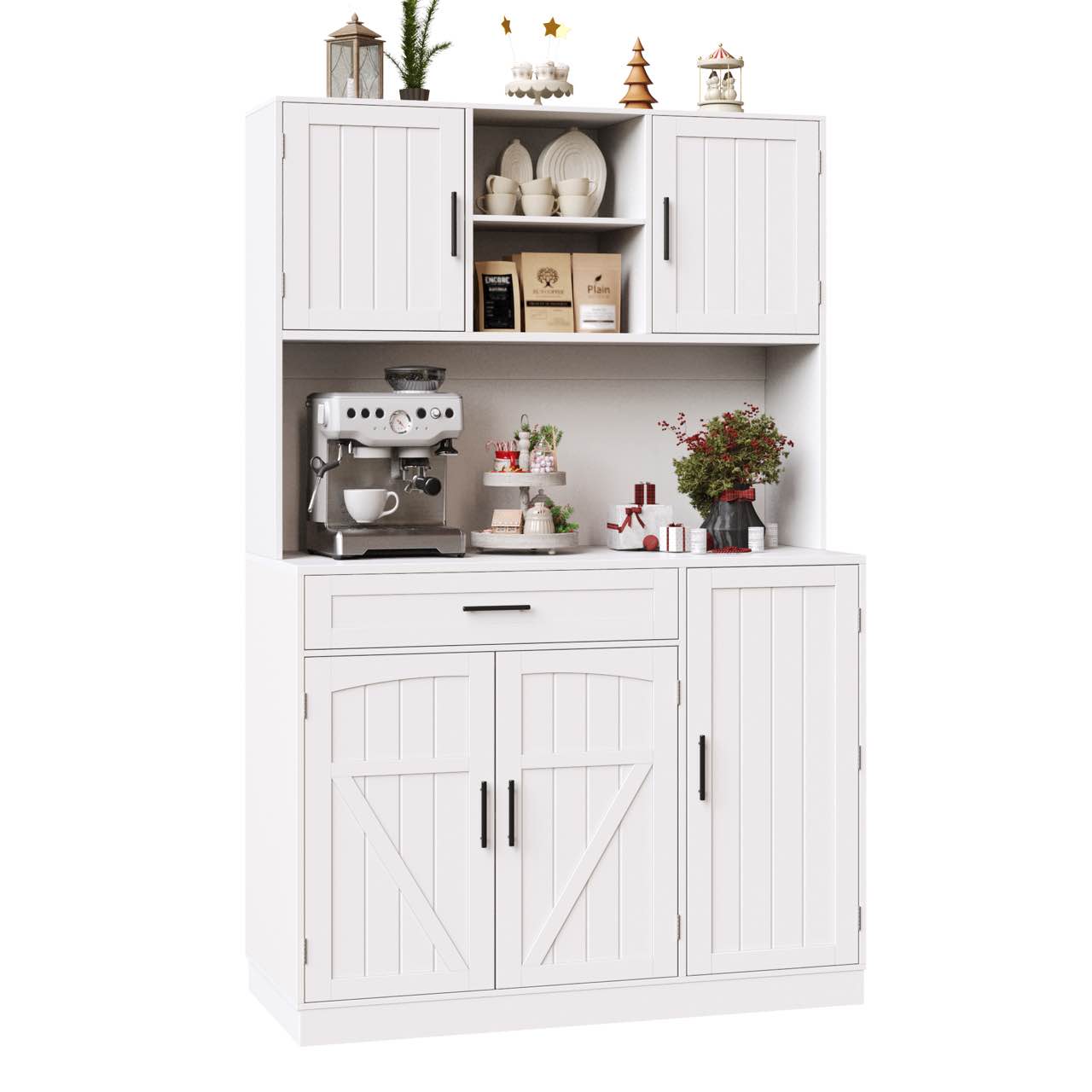 Tall Kitchen Sideboard with LED Strip and Built-in Socket, White