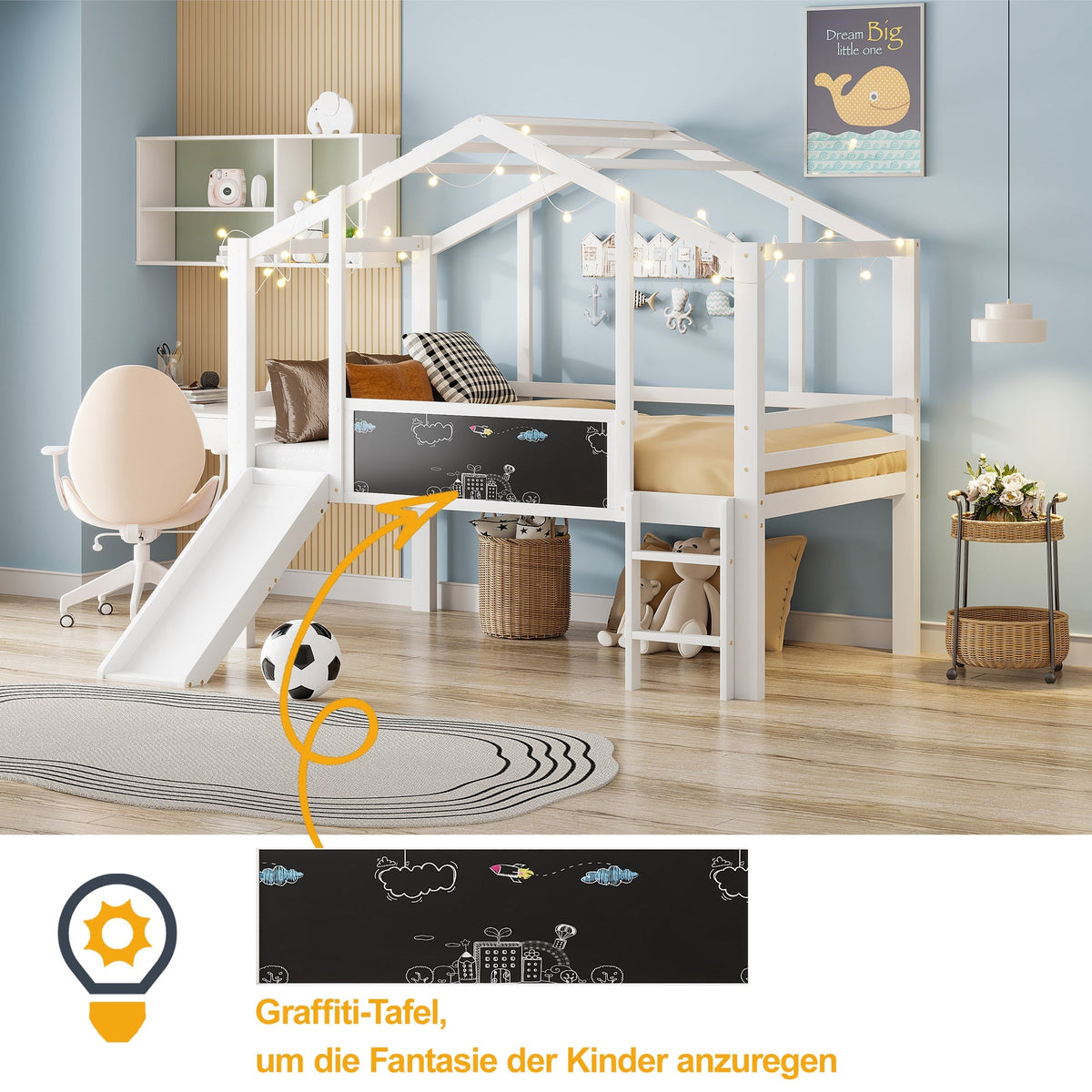 Children's Bed Attic Design, Ladder, Slide, Graffiti Board, Multifunctional Solid Wood, White