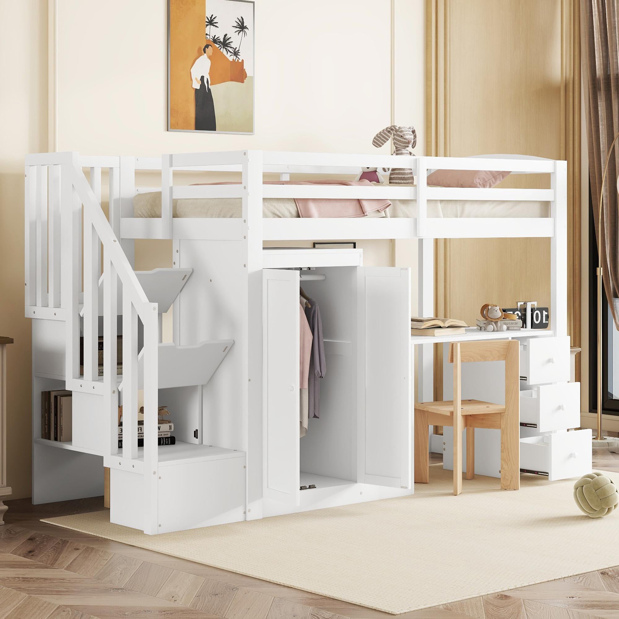 Loft Bed with Wardrobe, Desk, Stairs and Drawers, 90 x 200cm, White
