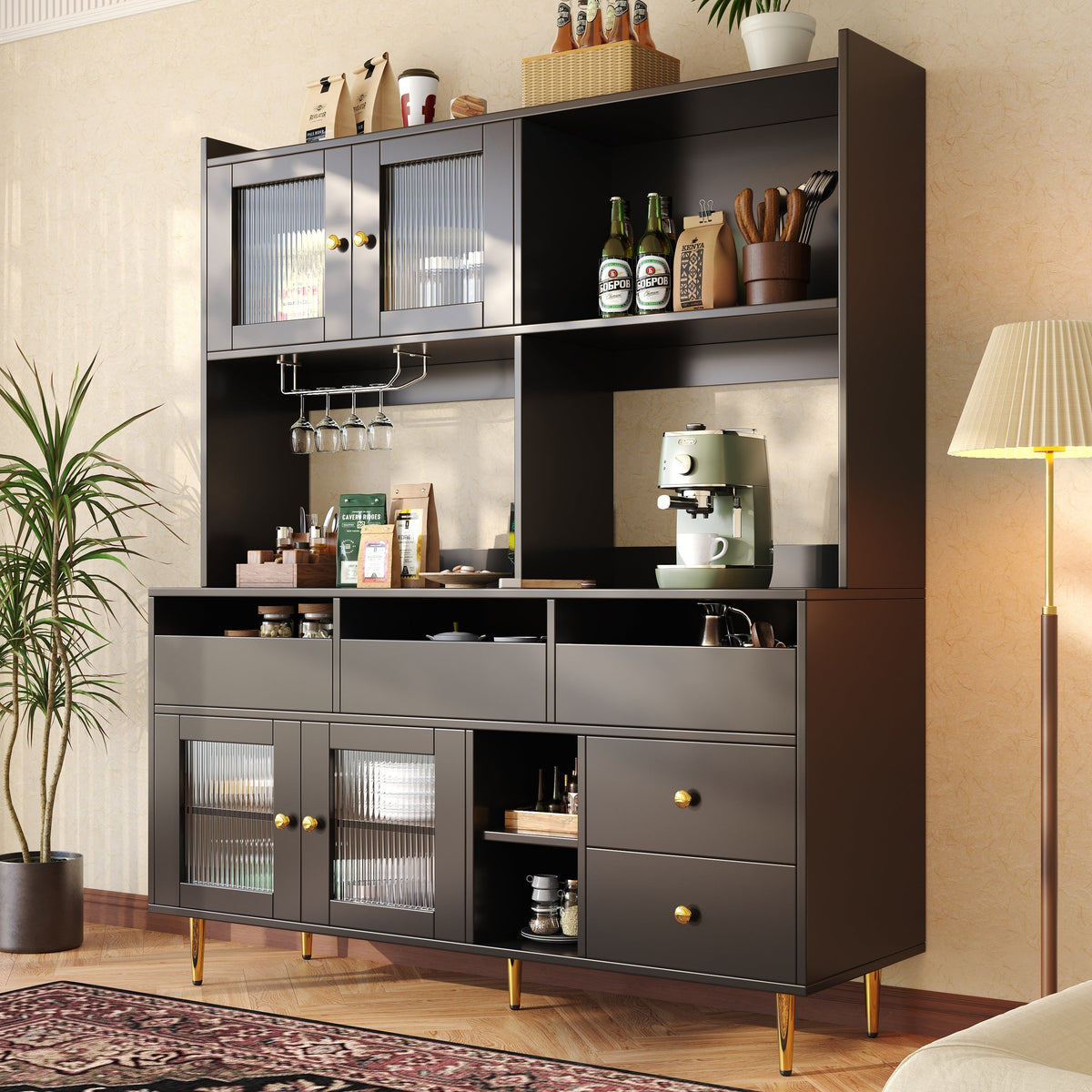 Dining Room Tall Cabinet 145x39x171cm Perforated Glass Doors Wine Rack Storage - Black/Gold