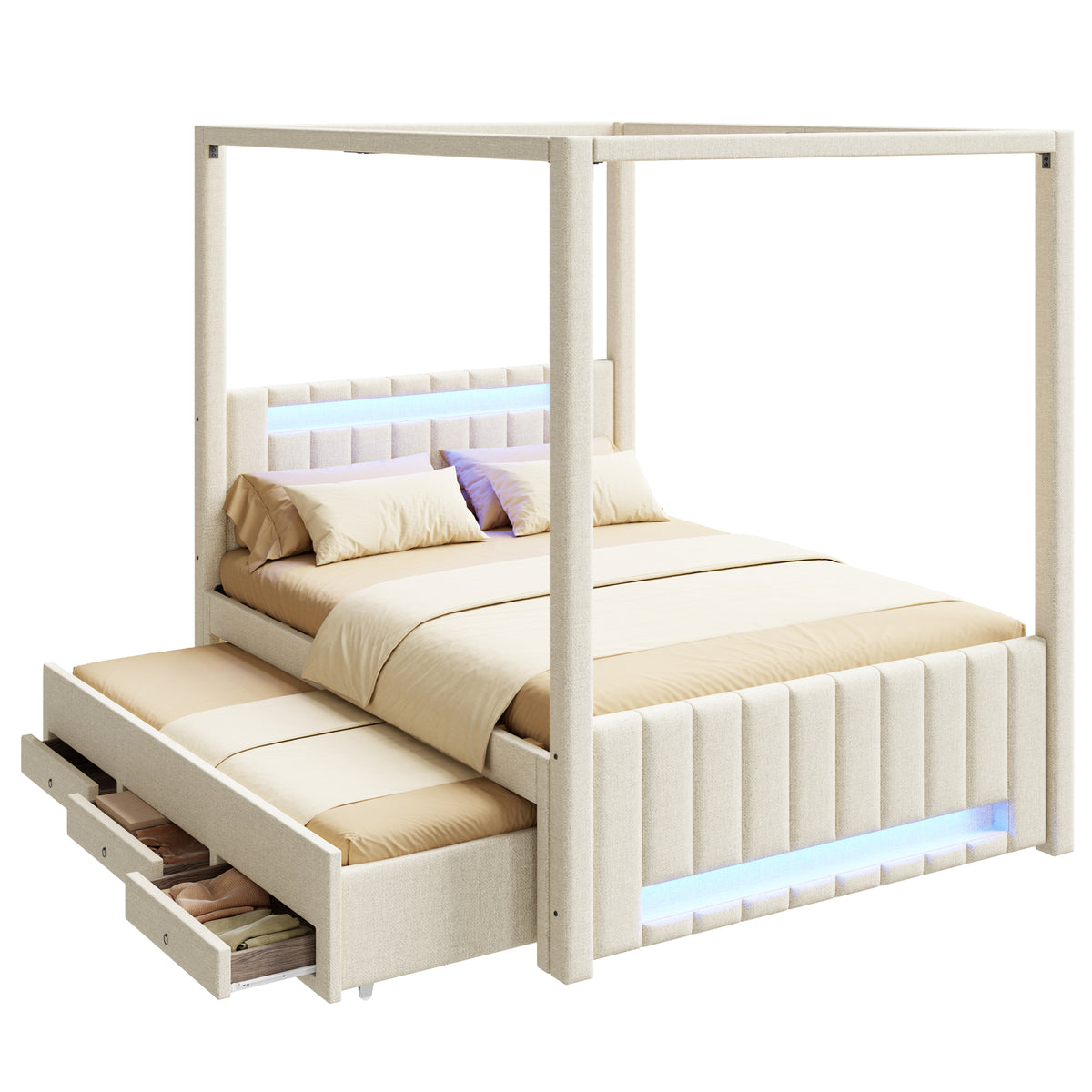 Upholstered Four-Poster Bed 140x200cm, 3 Drawers & LED, Beige