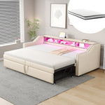 Extendable Upholstered Sofa Bed with Storage, LED and USB, 90/180x200cm, Beige Velvet