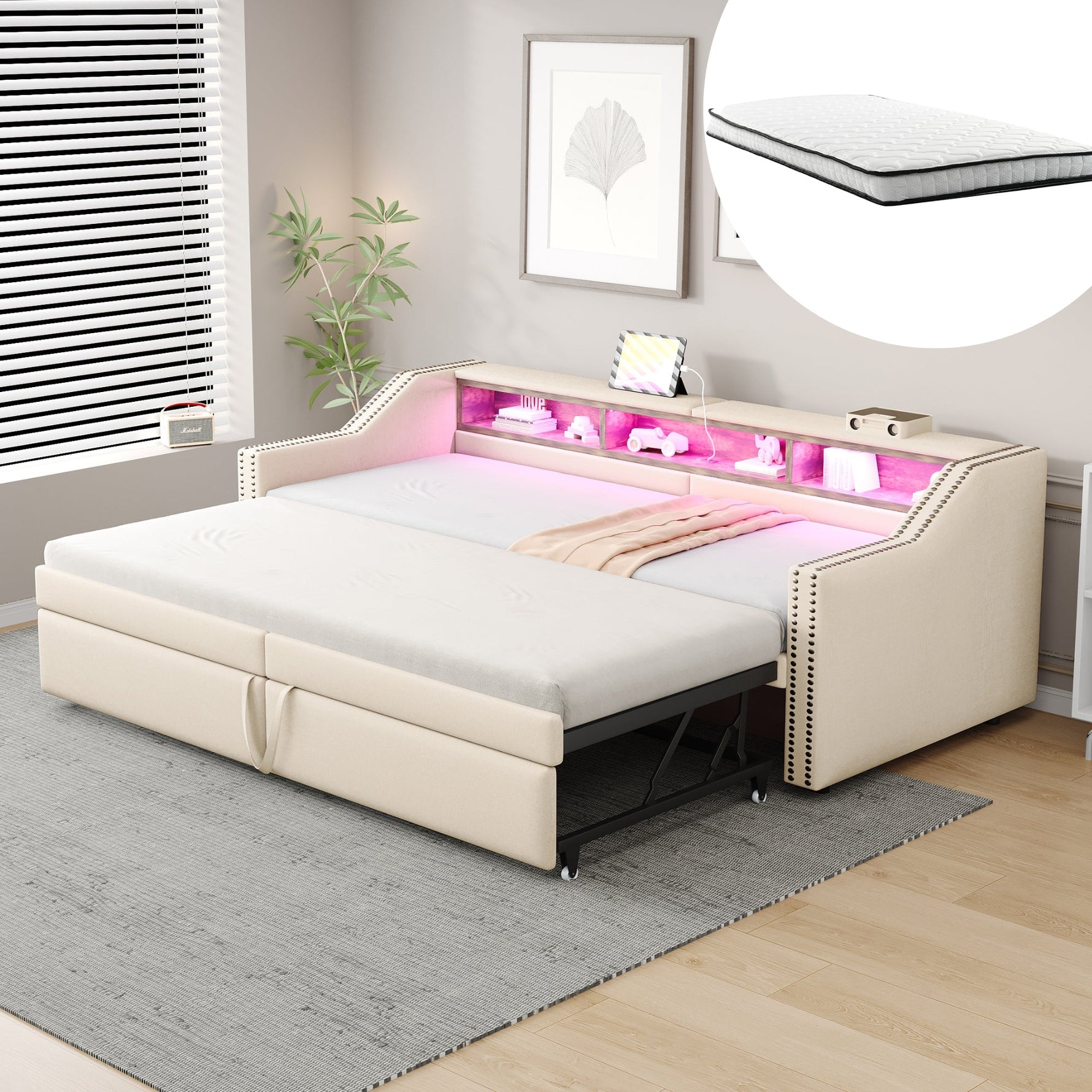 Extendable Upholstered Sofa Bed with Storage, LED and USB, 90/180x200cm, Beige Velvet