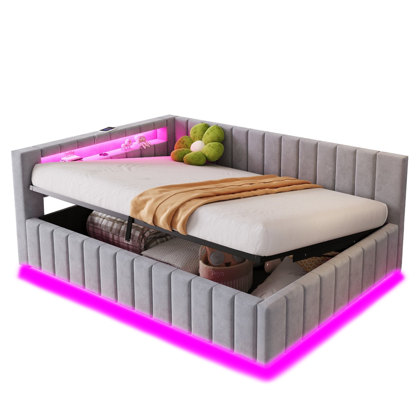 Upholstered Bed/Sofa Bed 140x200 Hydraulic Storage LED/USB Light Grey Velvet Fabric