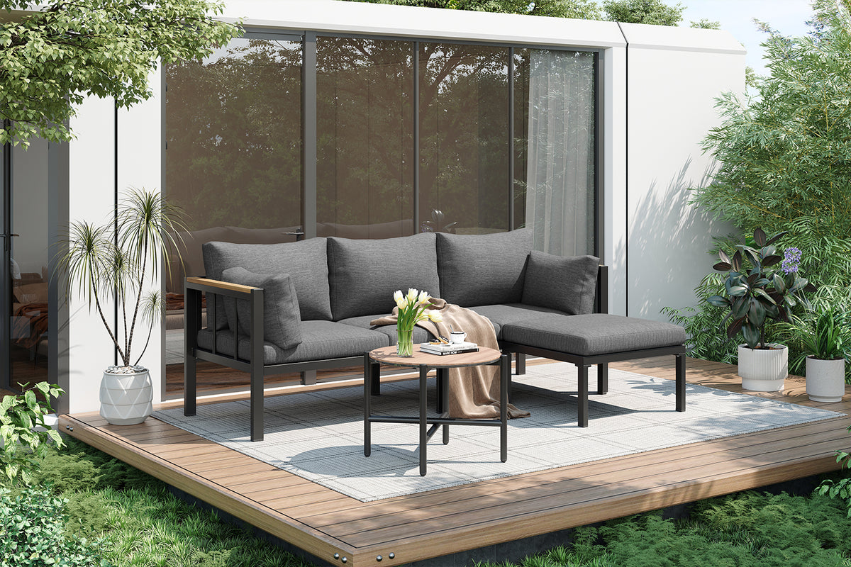 Garden Furniture Set Corner Suite with Sofa, Table & Stool, Grey