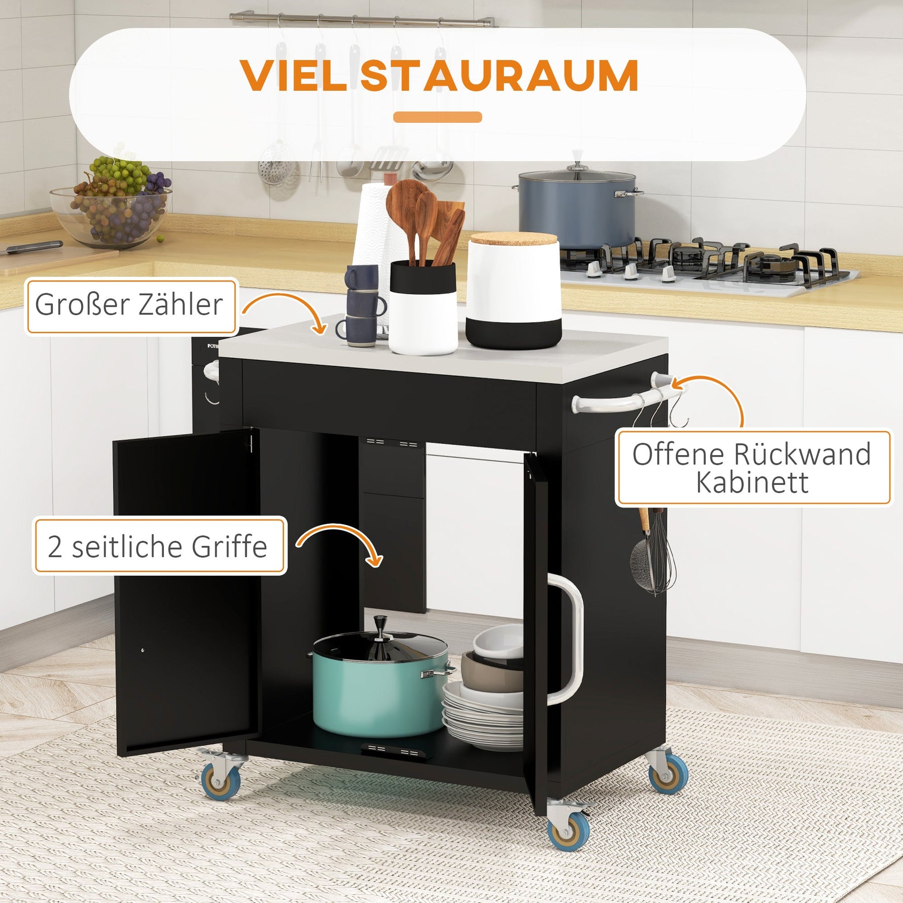 Kitchen Trolley Serving Cabinet with Wheels Hooks 86x50x86.5cm, Black Stainless Steel