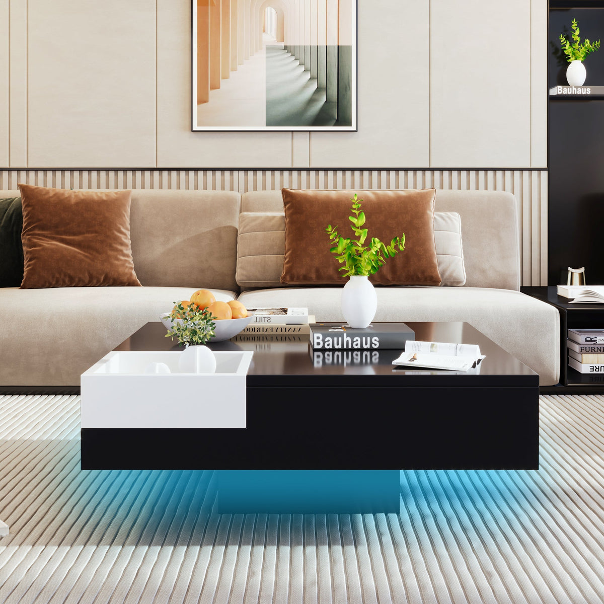 Coffee Table high gloss with removable storage box LED light effect white and black
