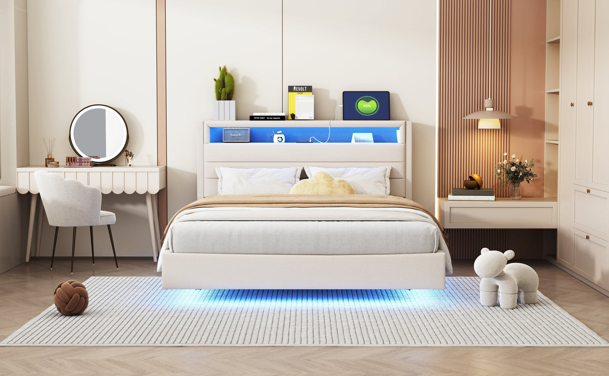 Upholstered Bed 140x200 cm with USB & LED Light, Reversible Headboard, Linen Fabric Beige