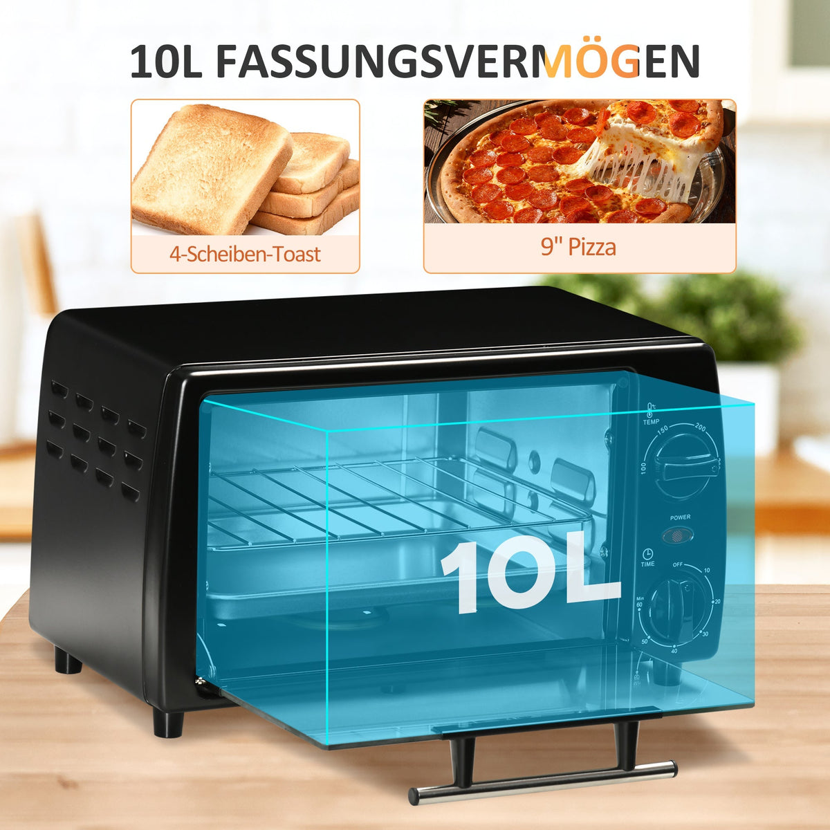Mini Oven 10L 750W 60-Min Timer Electric Including Tray/Rack, Black