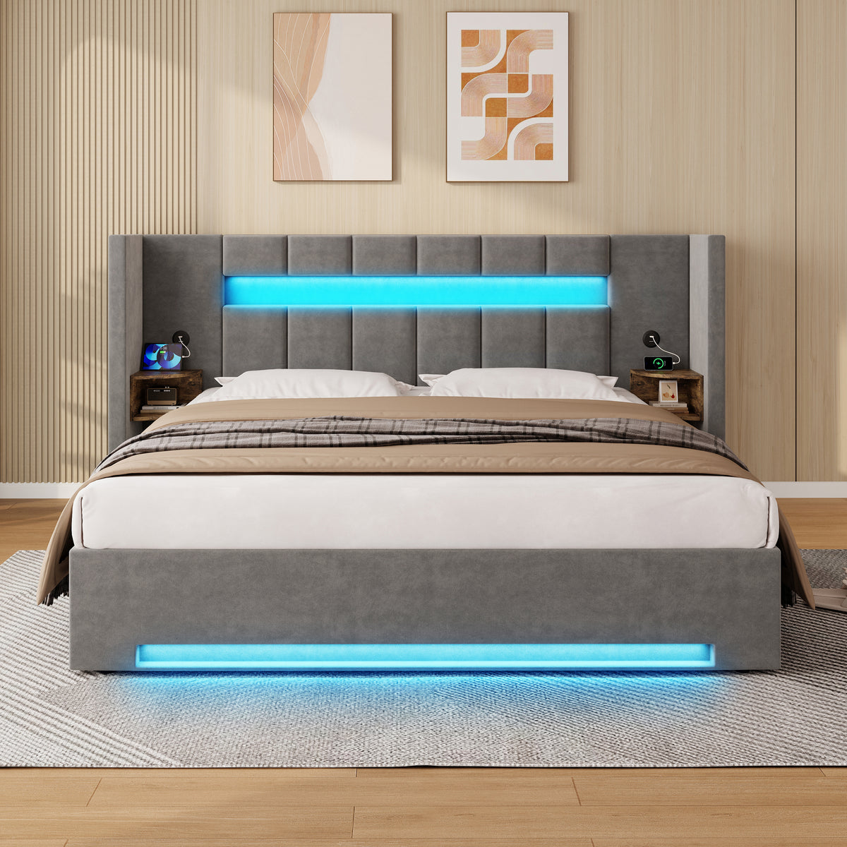 Multifunctional Bed Frame 180x200cm with Storage & LED, Velvet