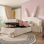 Bunny Ear Kids Bed 90x190cm, Hydraulic Storage, Beige Velvet