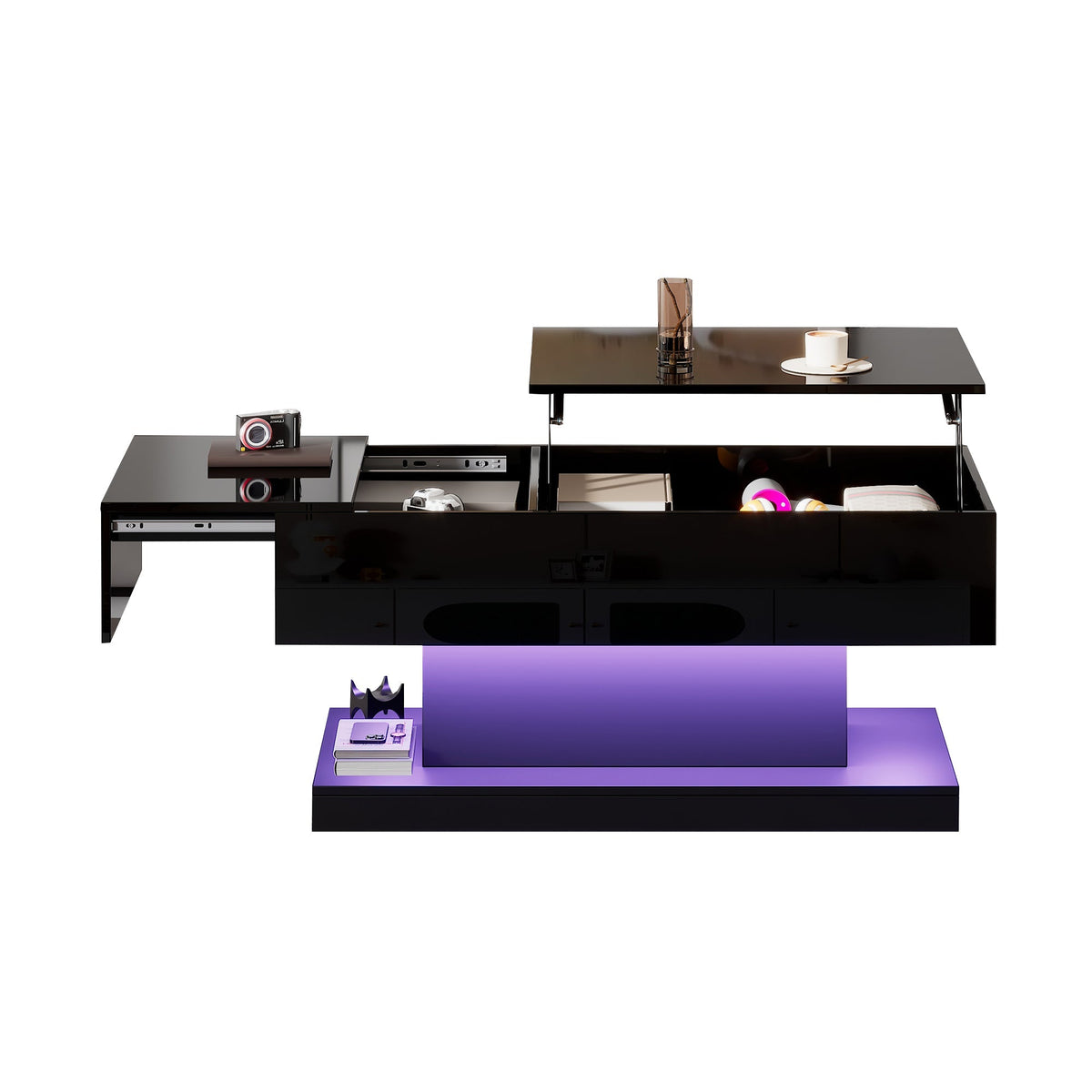 High-gloss Lift-Up Tea Table, LED Coffee Table with Storage, 100x50x45 cm