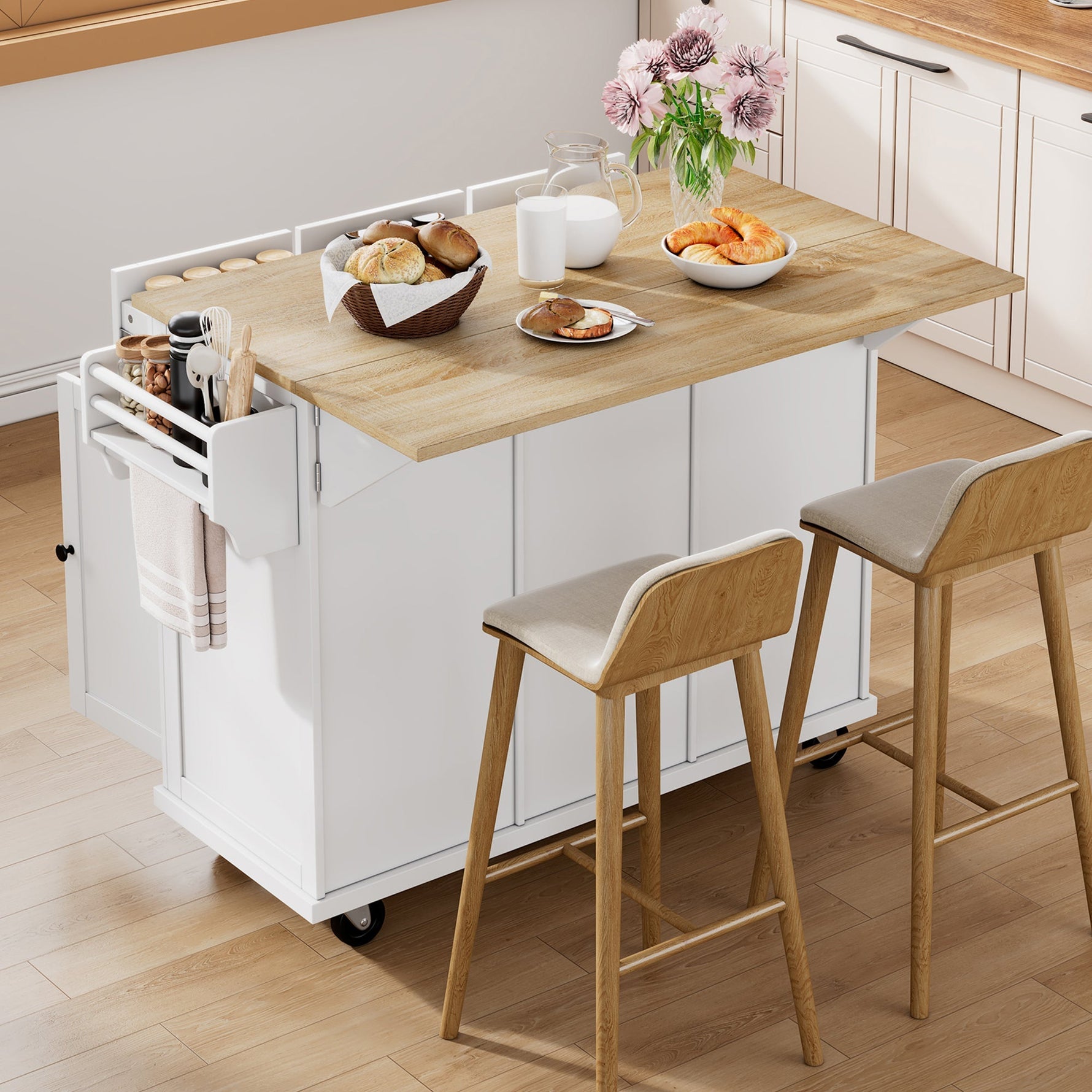 Mobile Kitchen Island Extendable Dining Area with Waste Bin & Drawers, White