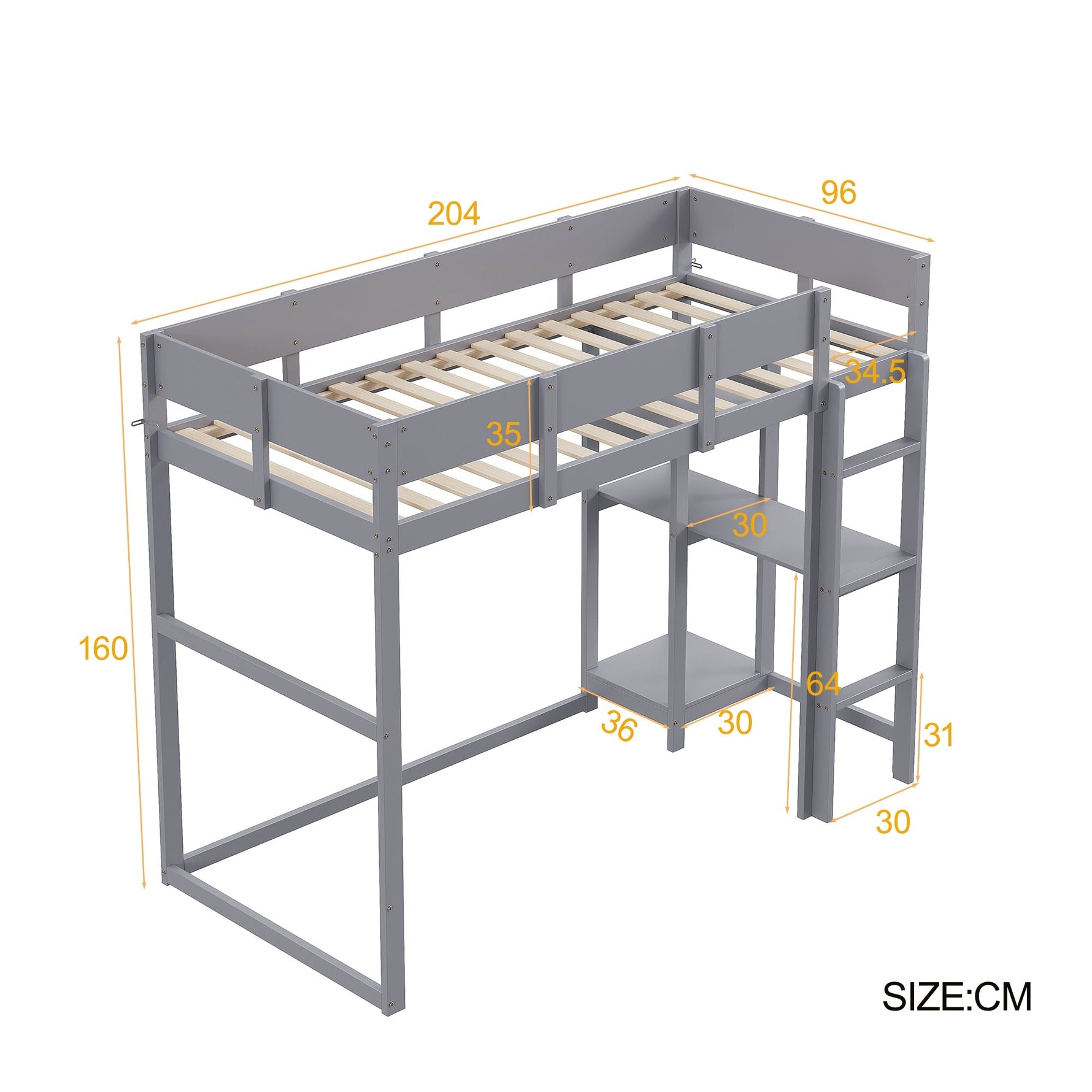 Loft Bed with Storage and Slatted Base, 90x200cm, Grey Pine Wood