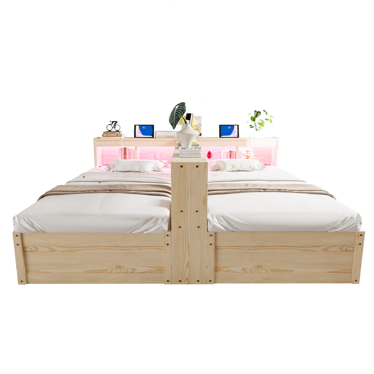 Extendable Sofa Bed 90/180x200cm with Storage & LED, Wood Color