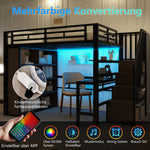 Loft Bed 140x200cm Iron Frame with Desk LED Light Strip Storage Stairs Black