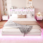 Upholstered Bed 180 x 200 cm with Storage Headboard, Charging Station and LED Lighting, Beige Velvet Fabric