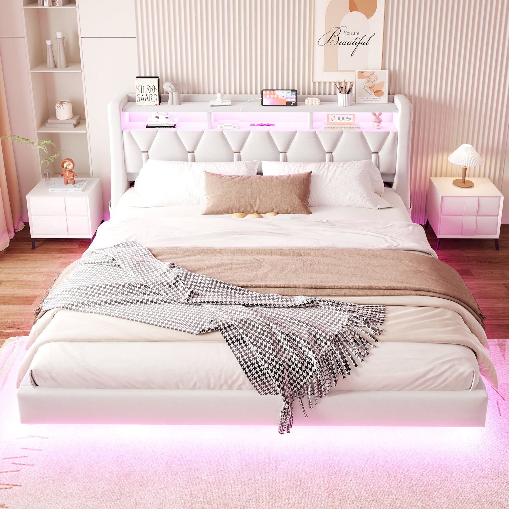 Upholstered Bed 180 x 200 cm with Storage Headboard, Charging Station and LED Lighting, Beige Velvet Fabric