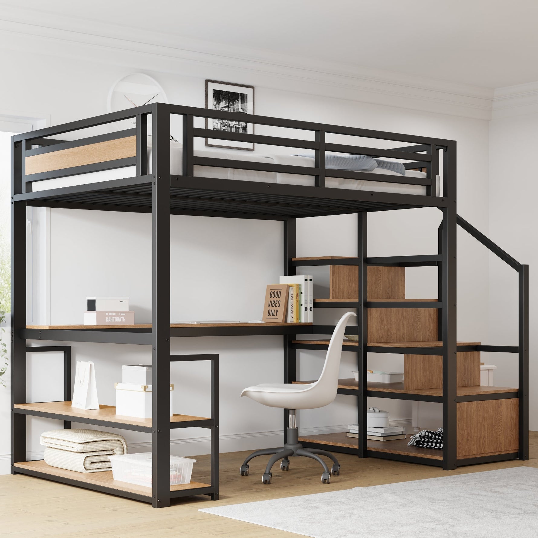 Metal Loft Bed 140x200cm, Storage Ladder, Shelves, Table, Safety Fence, Black