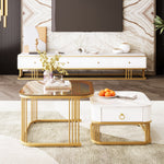 Stackable Coffee Table: High-Gloss Marble, Tea-Brown Glass, Gold Accents, Two-Piece Set