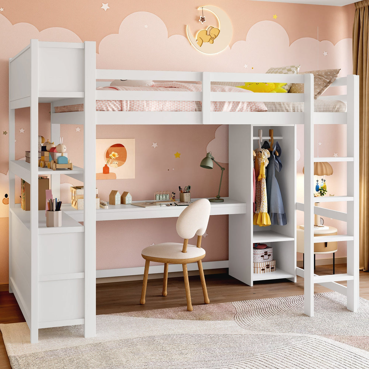Loft Bed 140x200cm, Shelves, Desk, Wardrobe, White