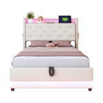 Children's Upholstered Bed 90*200cm, Lights, USB, Storage, Beige Linen