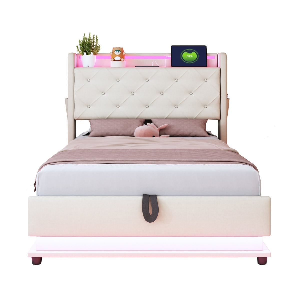Children's Upholstered Bed 90*200cm, Lights, USB, Storage, Beige Linen