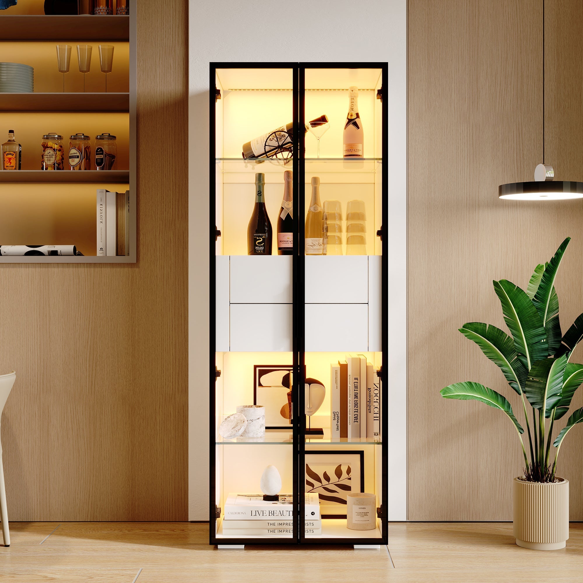 Display Cabinet, Tempered Glass Door, LED, 2 Drawers, White