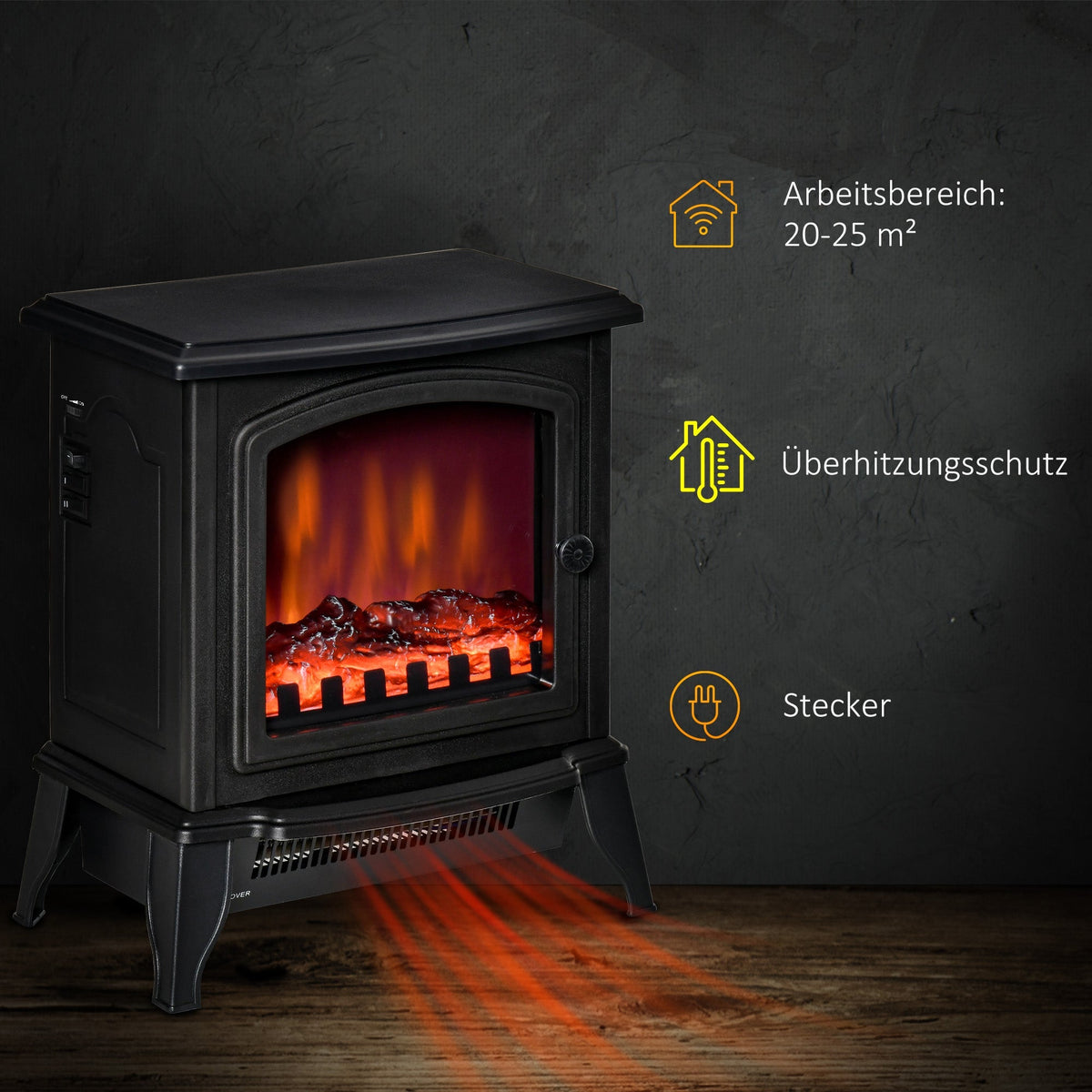 Electric Fireplace, LED Flame Effect, 2000W, Metal, Black