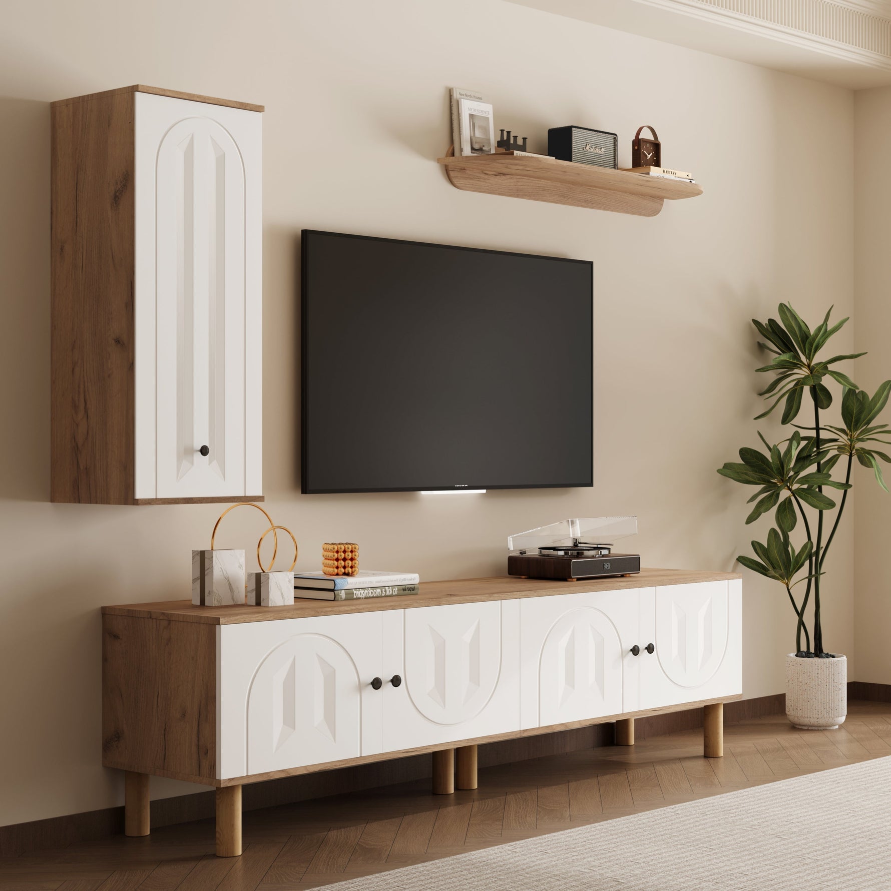 Wall Unit, Highboard Cabinets Shelf, White Wood