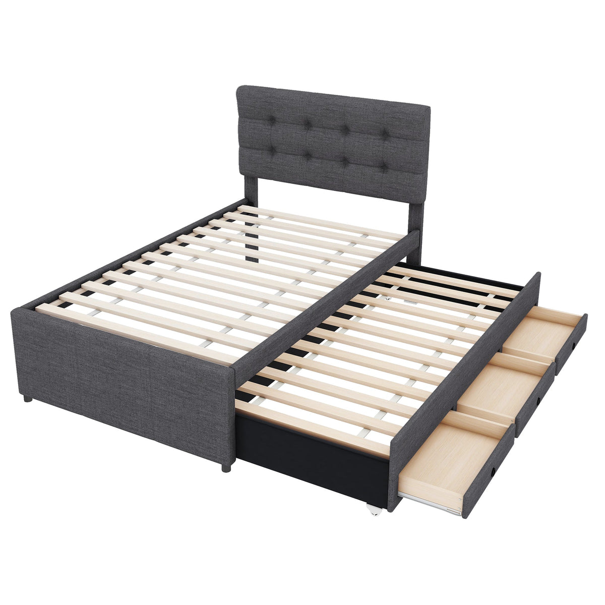 Upholstered Bed 90x200cm Pull-out Trundle 3 Drawers Adjustable Headboard - Grey