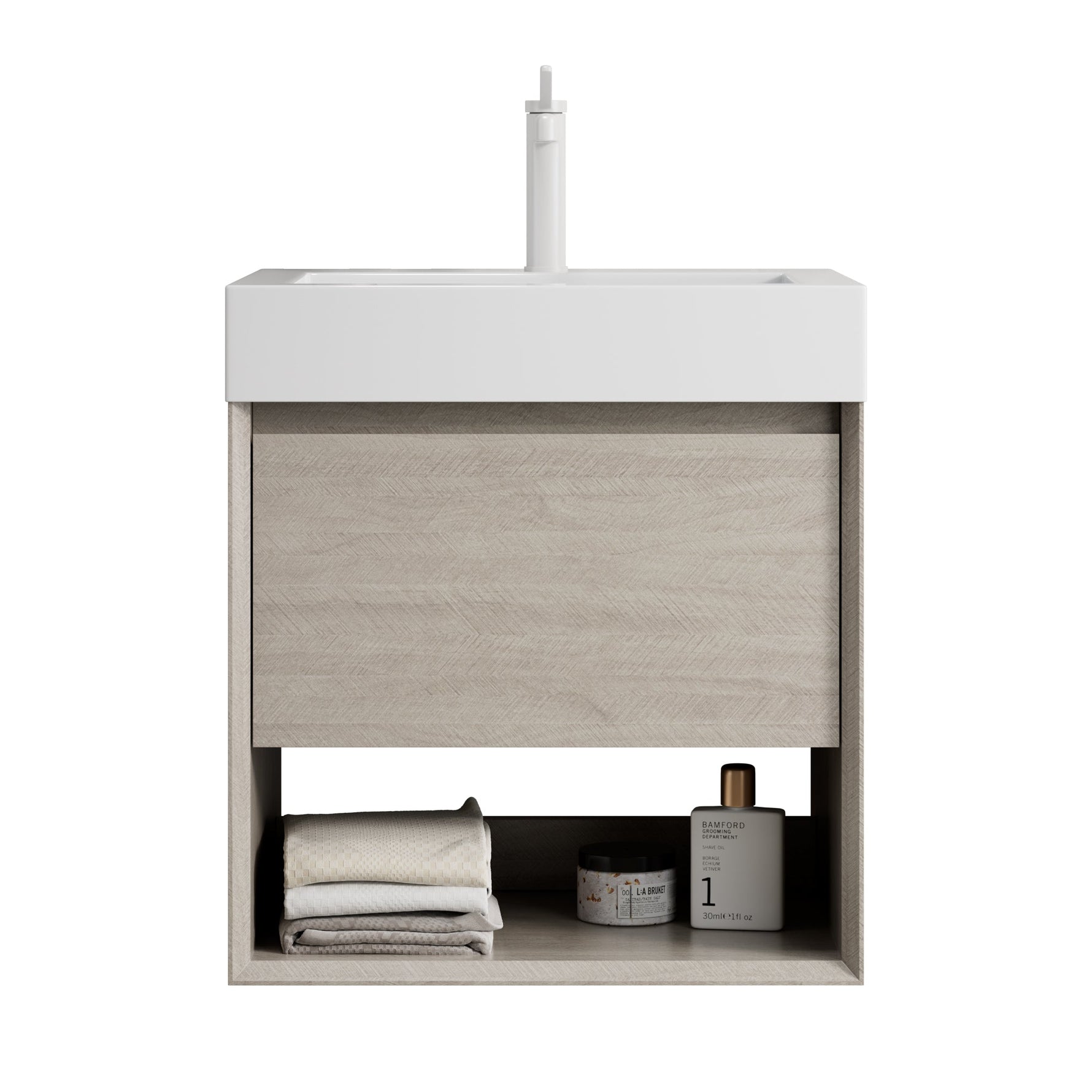 Bathroom Vanity Unit with Resin Basin and Storage, Light Oak Wood Grain