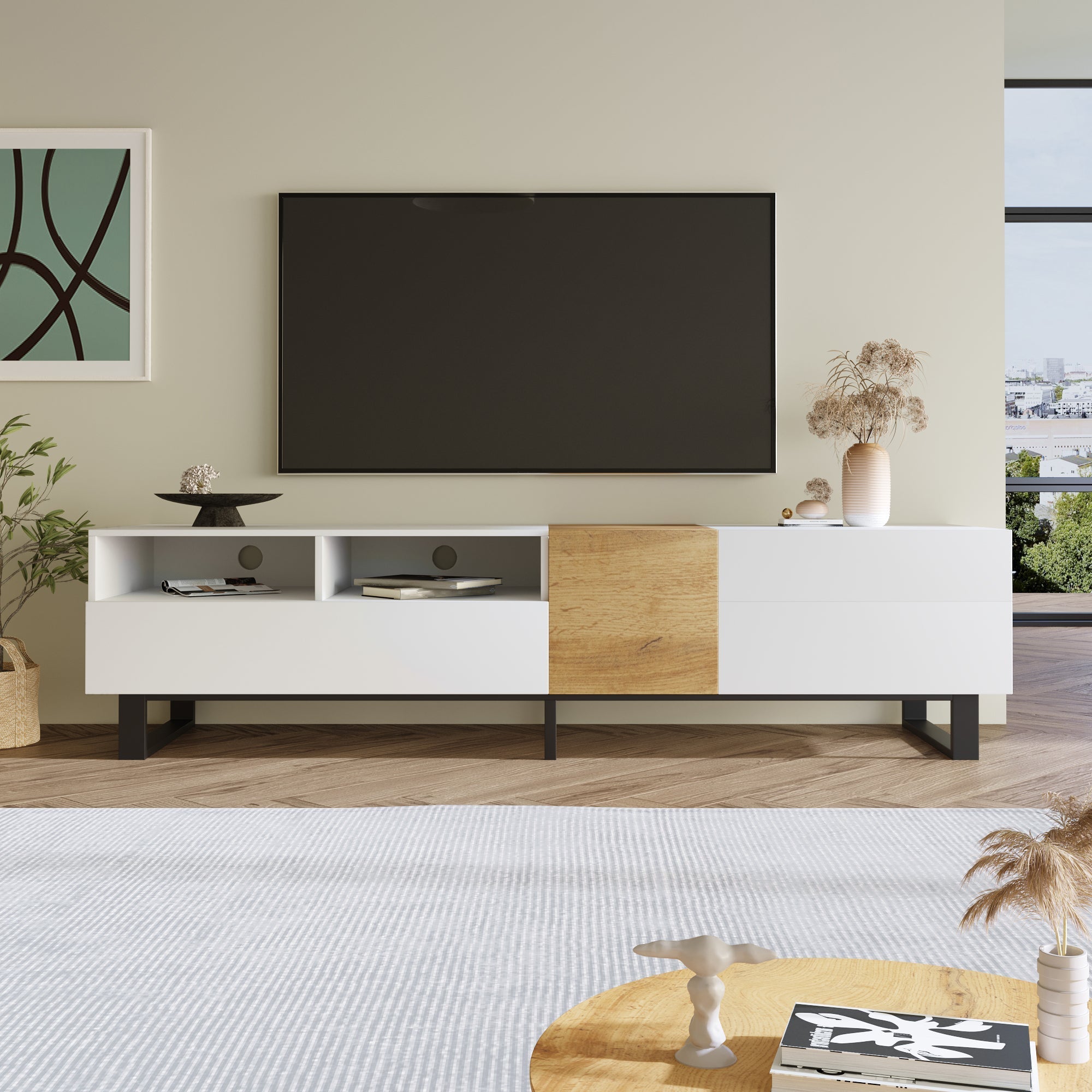 Modern TV Cabinet, Minimalist Design 180x50x38cm, White & Wood Look