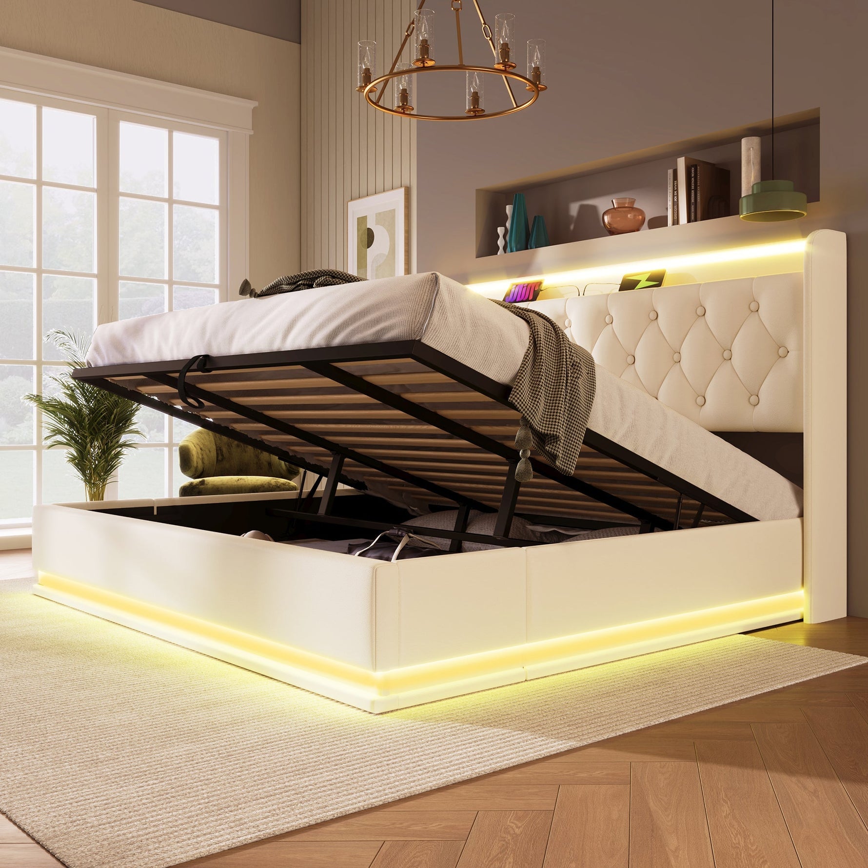 Upholstered Bed Double, 360 LED, Hydraulic Storage, USB-C Charging, 180x200 cm White PU