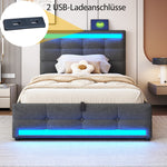 Upholstered Bed 90x200 Hydraulic Storage USB LED Light Strip, Grey Linen Single Bed